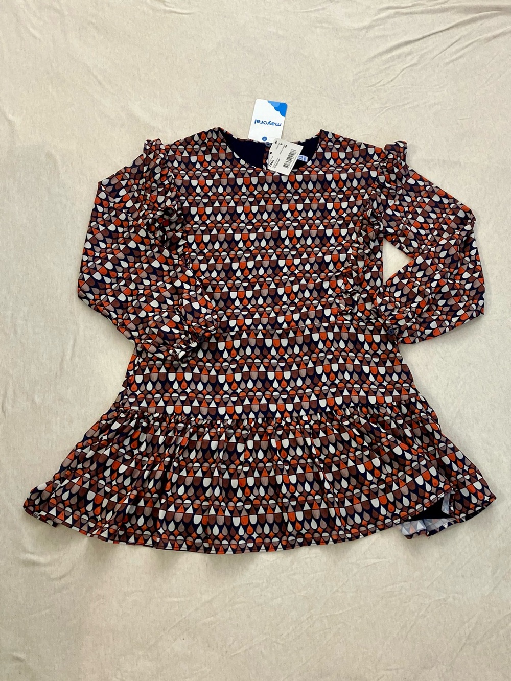 Mayoral LS Dress w/Ruffles at Bodice & Hem, Geometric Multi Print - Size 8 (NWT)